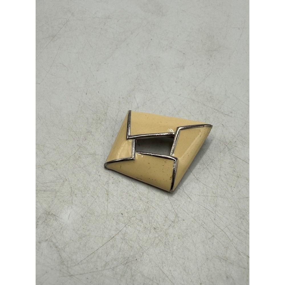 Vintage Geometric Enamel Brooch Silver Tone Cream Modernist Trapezoid Pin
